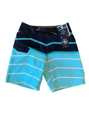 VOLCOM Boys Board Shorts 10 Slim 23 NEW Blue Striped Mod-Tech Swim Trunks NWT